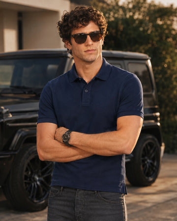 Navy Blue Half Sleeve Poly Cotton Fabric Polo T-Shirt