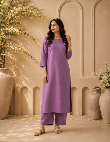 Women's Lavender Solid Kurti & Palazzo Co-ord Set
